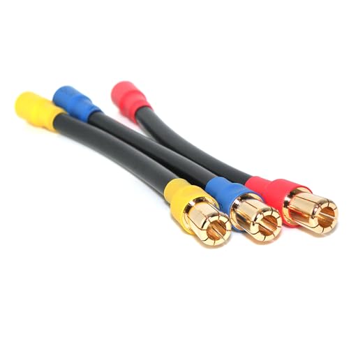 3-Pack 8mm Bullet Connector Extension Leads Male to Female, 8AWG High Temp Silicone RC Power Cables, 5in (±0.1) 200°C, Gold-Plated Copper Connectors