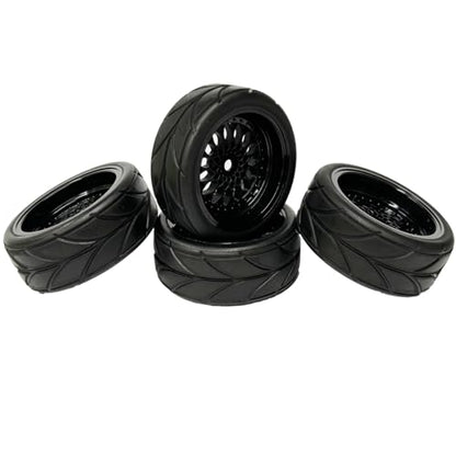 4PCS 64mm Rubber Tires and Plastic Wheel Rims Set 12mm Hex Replacement Part for Sakura Tamiya TT02 HPI HSP Kyosho 1/10 RC On Road Run-flating Touring Racing Car Tyre(Black,Offset:3MM) - color: Black, size: Offset:3mm