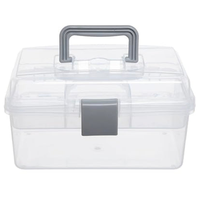 MyGift 10.2 Inch Transparent Plastic Empty Arts and Crafts Tackle Box | Gray Handle and Removable Tray for Tools, First Aid, Sewing Kit Clear Storage Container Craft Supplies Organizer Bead Jewelry
