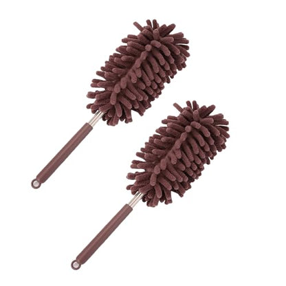 2PCS Car Interior Duster with Extension Pole, Microfiber Retractable Dusters Auto Dash Cleaning Tool, Soft Chenille Hand Washable Dusters for Vehicle Window Office Furniture (Brown) - color: Brown