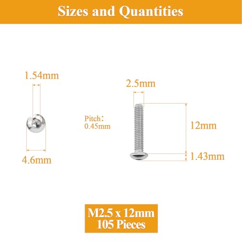 105 Pieces M2.5 x 12mm Button Head Socket Cap Screws, Thread Pitch 0.45mm, Sutemribor M2.5 Screws, 304 Stainless Steel, Fully Threaded, Silver - size: M2.5 x 12mm, style: Button Head