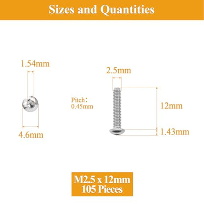 105 Pieces M2.5 x 12mm Button Head Socket Cap Screws, Thread Pitch 0.45mm, Sutemribor M2.5 Screws, 304 Stainless Steel, Fully Threaded, Silver - size: M2.5 x 12mm, style: Button Head