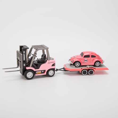 RC Forklift Truck with Trailer 1/64 Mini Alloy Remote Control Forklift, 2 Mode Speed Truck with Cargo Hook, Pallets, RC Construction Vehicles for Adult - color: Pink