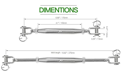 2PCS M8 Jaw and Jaw Turnbuckle, Stainless Steel Turnbuckle Heavy Duty Turn Buckle, 4400lbs Working Load Limit, Durable for Wire Rope Cable - style: Jaw & Jaw-M-8