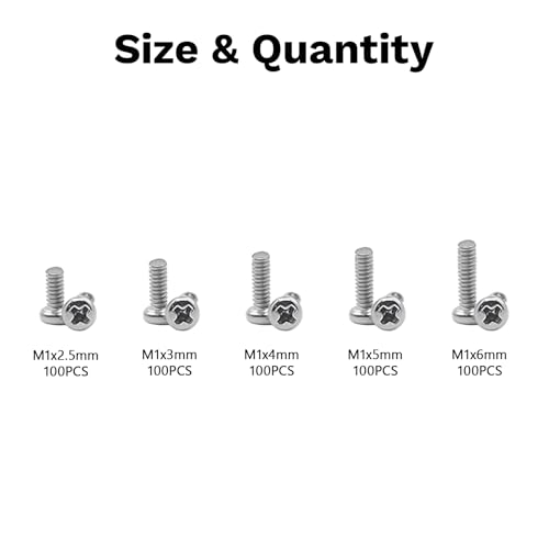 500Pcs 304 Stainless Steel Metric Micro Screws Nuts Assortment, M1x2.5/3/4/5/6mm Sizes, Phillips Pan Head, Fully Threaded Kit for Arduino, RC Models, Electronics, DIY Projects - size: M1x2.5/3/4/5/6-500Pcs