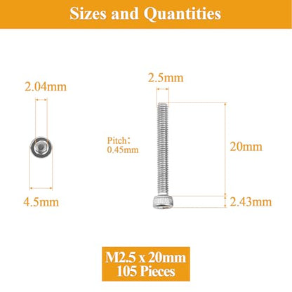 105 Pieces M2.5 x 20mm Socket Head Cap Screws, Thread Pitch 0.45mm, Sutemribor M2.5 Screws, 304 Stainless Steel, Fully Threaded, Silver - size: M2.5 x 20mm, style: Socket Head