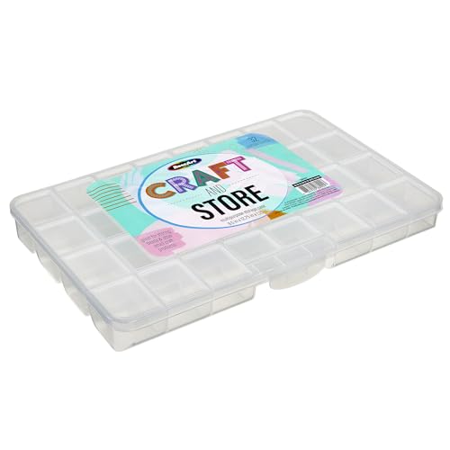 RoseArt Transparent 32 Grid Plastic Storage Box with Fixed Dividers - Organization Container for Loose Beads, Washi Tapes, Jewelry Supplies, Fishing Tackle and More - Made in U.S.A.
