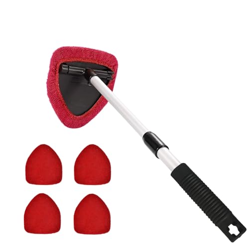 Windshield Cleaning Tool, Car Window Cleaner, Windshield Cleaner with 4 Washable Reusable Microfiber Pads and Extendable Handle, Auto Glass Wiper Cleaning Kit Universal for Car (Red) - color: Red