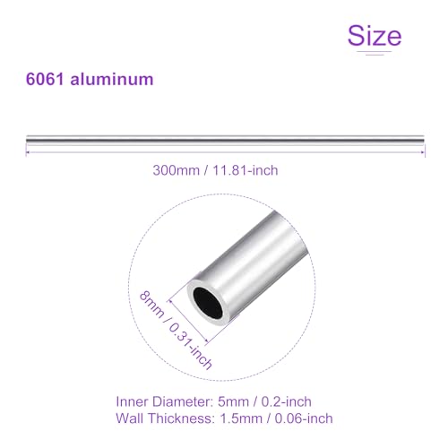 DMiotech 3Pack (8mm OD x 5mm ID) 6063 Aluminum Round Tube 300mm Length Industry Metal Tubing for Machinery Frame Construction DIY Projects - size: 8mm x 5mm x 300mm