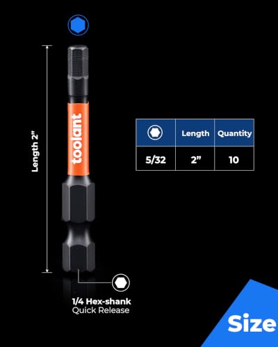 toolant 5/32" Impact Hex Bit Set, 10-Piece | CNC-machined tips, S2 alloy steel body, hardened core, magnetic fastener retention, impact-driver use - size: 5/32"(10pcs)