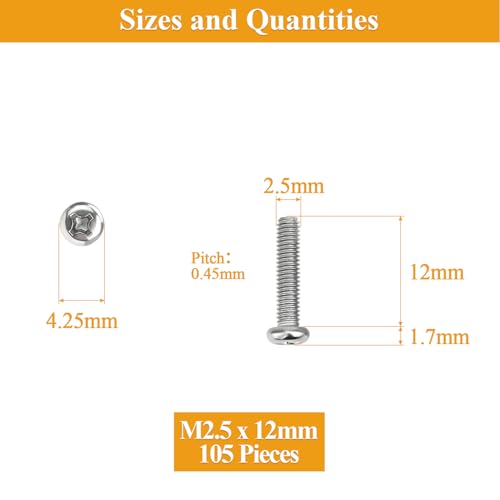105 Pieces M2.5 x 12mm Machine Screws, Thread Pitch 0.45mm, Sutemribor M2.5 Phillips Pan Head Machine Screws, 304 Stainless Steel, Fully Threaded, Silver - size: M2.5 x 12mm, style: Phillips Pan Head