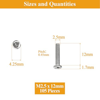 105 Pieces M2.5 x 12mm Machine Screws, Thread Pitch 0.45mm, Sutemribor M2.5 Phillips Pan Head Machine Screws, 304 Stainless Steel, Fully Threaded, Silver - size: M2.5 x 12mm, style: Phillips Pan Head