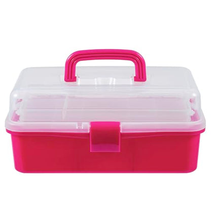 MyGift 13-Inch Dark Pink Plastic Craft Organizer and Storage Box – Clear Carrying Case with Latching Lid & 2 Expandable Trays for Sewing, Tools, First Aid, and Art Supplies - color: Fuscia