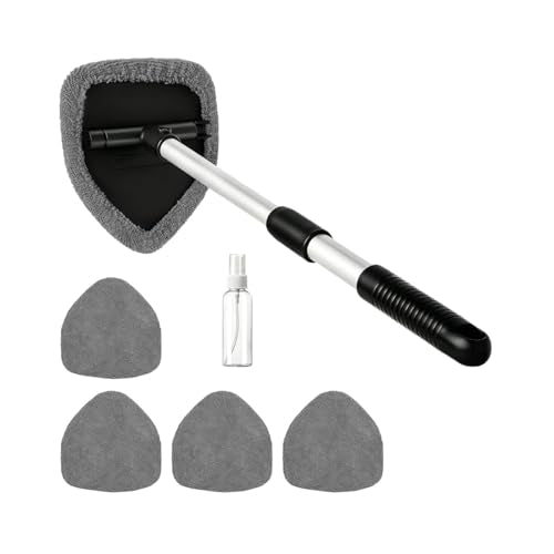 Car Windshield Cleaner Tool, Extendable Handle Pentagonal Vehicle Window Cleaning Kit with 4 Reusable Pads Spray Bottle, Auto Windscreen Detailing Cleaner, Universal Fit (Grey) - size: Grey