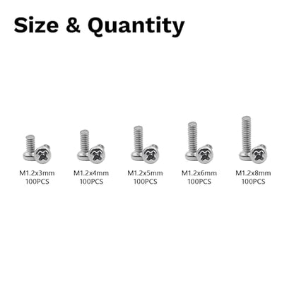 500Pcs M1.2 304 Stainless Steel Metric Micro Screws Nuts Assortment | M1.2x3/4/5/6/8mm Sizes, Phillips Pan Head, Fully Threaded Kit for Arduino, RC Models, Electronics, DIY Projects - size: M1.2x3/4/5/6/8- 500 Pcs