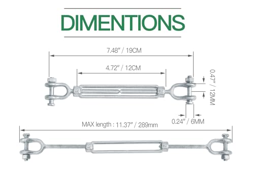 1/4" Jaw Jaw Turnbuckle Galvanized Jaw and Jaw Turnbuckle, Jaw Jaw Closed Body Marine Turnbuckle Jaw, 2000lbs Working Load Limit, Durable for Wire Rope Cable (1/4" x 4") - style: Jaw & Jaw-1/4 x 4
