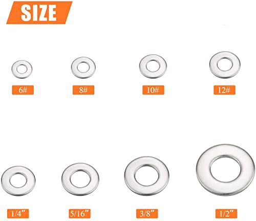 HELIFOUNER 270Pieces 8 Sizes Stainless Steel Flat Washers Assortment Kit, 1/2 3/8 5/16 1/4 12# 10# 8# 6#