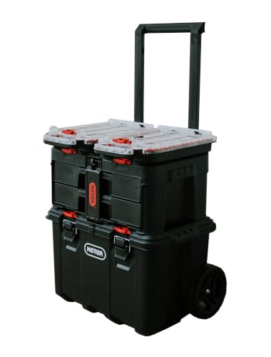 Keter Stack N Rolling Tool Box Modular Storage System 4 Piece | Black and Red, Heavy Duty, Weatherproof, All Terrain Wheels, Durable, Easy to Use, Telescoping Handle - color: Black/Red, size: 4PC System