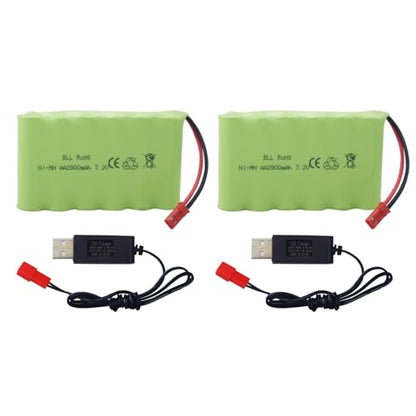 2PCS 7.2V 2800mah AA Rechargeable Ni-MH Battery with JST-2P Plug with USB Charging Cable for New Version TR-211 TR-212 TR-215 550 RC Excavator Car Truck Engineering Vehicle TR-211 RC Toy Battery