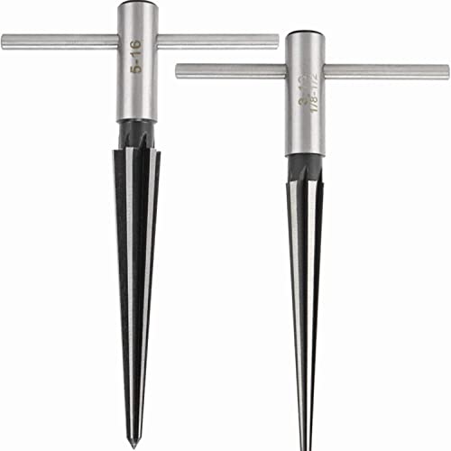 T-Handle Tapered Reamer Set 3–13mm (1/8″–1/2″) & 5–16mm (1/2″–5/8″) | Bridge Pin Hole Handheld Taper Reamers — 6-Flute Chamfering Reamers for Guitar Making, Woodworking, and Luthiery (Set of 2)