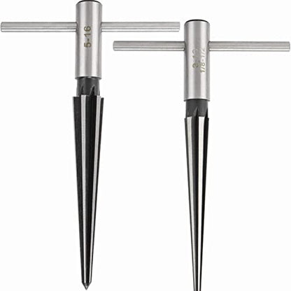 T-Handle Tapered Reamer Set 3–13mm (1/8″–1/2″) & 5–16mm (1/2″–5/8″) | Bridge Pin Hole Handheld Taper Reamers — 6-Flute Chamfering Reamers for Guitar Making, Woodworking, and Luthiery (Set of 2)