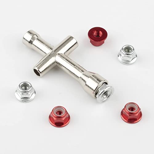 16pcs M4 Lock Nuts for 1/10 RC Car Wheel, 4mm Anodized Aluminum Alloy and Steel Flange Nylon Insert Locking Nuts with Wrench Set, Red & Silver - color: Red & Silver