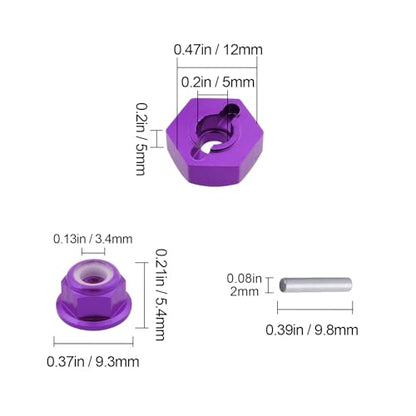 Hobbypark 12mm Aluminum Wheel Hex Drive Hub Adapters (4P) & M4 Locknuts (4P) for Redcat Racing ExceedRC HSP Himoto RC Hobby Car Accessories Purple