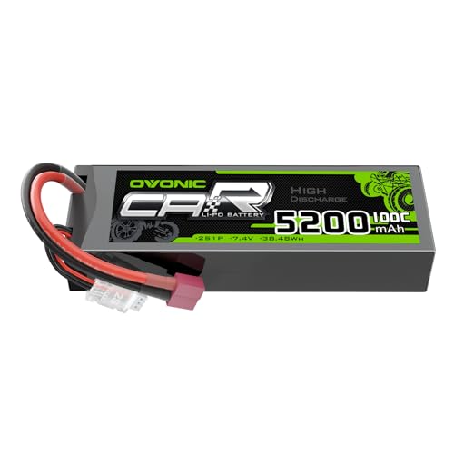 OVONIC Lipo Battery 7.4V 100C 5200mAh 2S Battery T-Style Plug Connector with Housing for RC Car Truck Vehicle Buggy Losi 1/10 Scale Racing Model