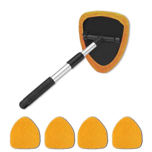 4 Pack Windshield Cleaning Tool with Extendable Handle, Orange | aluminum ABS and microfiber body, pivoting head, reusable cloth pads, fits most vehicle glass, auto cleaning tools - color: Orange