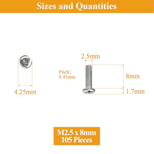 105 Pieces M2.5 x 8mm Machine Screws, Thread Pitch 0.45mm, Sutemribor M2.5 Phillips Pan Head Machine Screws, 304 Stainless Steel, Fully Threaded, Silver - size: M2.5 x 8mm, style: Phillips Pan Head