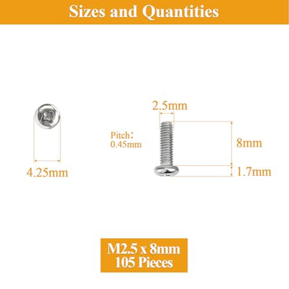 105 Pieces M2.5 x 8mm Machine Screws, Thread Pitch 0.45mm, Sutemribor M2.5 Phillips Pan Head Machine Screws, 304 Stainless Steel, Fully Threaded, Silver - size: M2.5 x 8mm, style: Phillips Pan Head