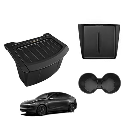 BestEvMod 3PCS Console Essentials Bundle for 2026 2025 Model Y Juniper | Trash Can Backseat Storage Box Garbage Rear Bin Can Rear Center Console Organizer & Wireless Charger Mat & Cup Holder Insert - size: 3 PCS - Essentials Bundle