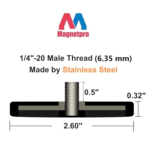 Magnetpro 2 Pieces Strong Rubber Coated Mounting Magnets 65 LB | Anti-Scratch & Anti Corrosion, Over 65 LB Adhesive Power, 1/4"-20 Stainless Steel Male Thread with Nuts for PTZ, Camera - size: 65LB - 1/4"-20 Male SS 2P