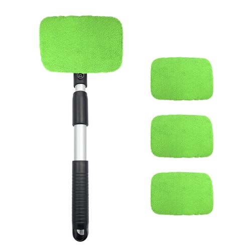 Car Windshield Cleaner Tool, Detachable Car Window Cleaner with Aluminum Extendable Handle & 2 Reusable Cloth Pads, Washable Vehicle Windshield Cleaning Wand for Exterior (Green) - color: Green