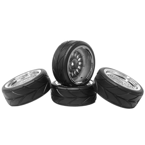 4PCS 64mm Rubber Tires and Plastic Wheel Rims Set 12mm Hex Replacement Part for Sakura Tamiya TT02 HPI HSP Kyosho 1/10 RC On Road Run-flating Touring Racing Car Tyre(Silver,Offset:6MM) - color: Silver, size: Offset:6mm