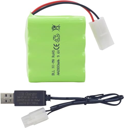 1PCS AA 9.6V 2800mAh Ni-MH High Capacity Battery with Tamiya Plug and USB Charging Cable for Toy Tank Engineering, Flat Semi-Trailer Truck, RC Car Spare Battery Pack
