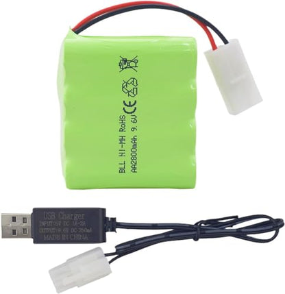 1PCS AA 9.6V 2800mAh Ni-MH High Capacity Battery with Tamiya Plug and USB Charging Cable for Toy Tank Engineering, Flat Semi-Trailer Truck, RC Car Spare Battery Pack