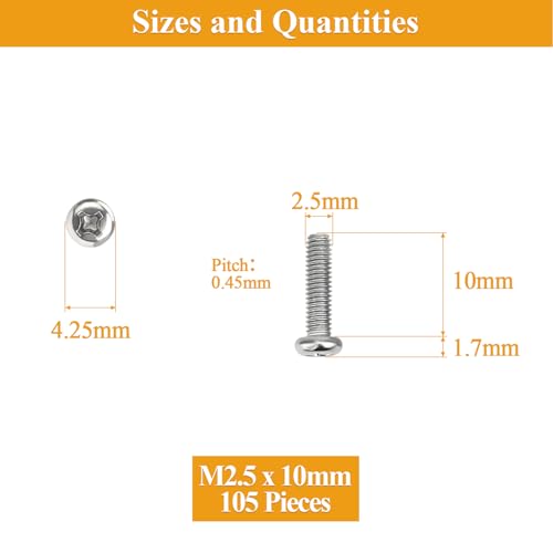 105 Pieces M2.5 x 10mm Machine Screws, Thread Pitch 0.45mm, Sutemribor M2.5 Phillips Pan Head Machine Screws, 304 Stainless Steel, Fully Threaded, Silver - size: M2.5 x 10mm, style: Phillips Pan Head
