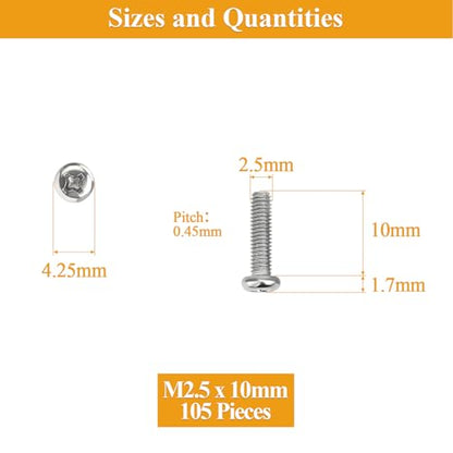 105 Pieces M2.5 x 10mm Machine Screws, Thread Pitch 0.45mm, Sutemribor M2.5 Phillips Pan Head Machine Screws, 304 Stainless Steel, Fully Threaded, Silver - size: M2.5 x 10mm, style: Phillips Pan Head