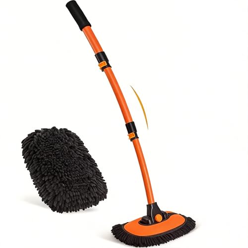 43'' Car Wash Brush with Long Handle Chenille Microfiber Car Wash Kit Mitt Retractable Bent Pole Car Wash Mop for Cars RV Truck Boat (Orange-1) - color: Orange-1