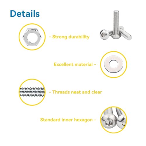 1080 Pcs M3 Screw Assortment, M3*6mm, 8mm, 10mm, 12mm, 14mm, 16mm, 18mm, 20mm, 25mm, 30mm, 35mm, 40mm, 50mm, Stainless Metric Hex Socket Button Head Screws Nuts and Washers with Wrench - size: Hex Socket Button Head