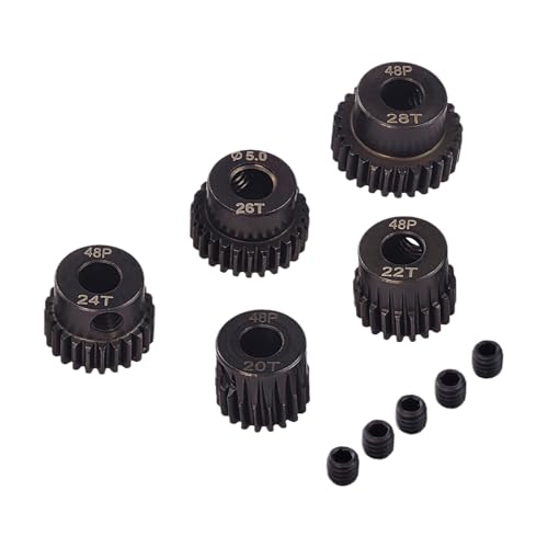 Flylin 5-Piece 48DP Pinion Gear Set, RC Motor Gears for Climbing Cars | 20T, 22T, 24T, 26T, 28T, Hardened Steel with 5mm Hole, Suitable for 1/10 RC Brushless Motors