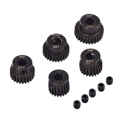 Flylin 5-Piece 48DP Pinion Gear Set, RC Motor Gears for Climbing Cars | 20T, 22T, 24T, 26T, 28T, Hardened Steel with 5mm Hole, Suitable for 1/10 RC Brushless Motors