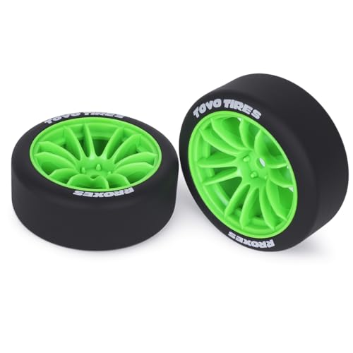 AMK 1/10 RC Drift Wheels & Tires Set, Hard Plastic Drift Tires with 12mm Hex Wheels, Complete 4-Pack for On-Road RC Drift Cars, Fits Tamiya TT01 TT02 XV01, Kyosho, HPI, HSP (Green) - color: Green