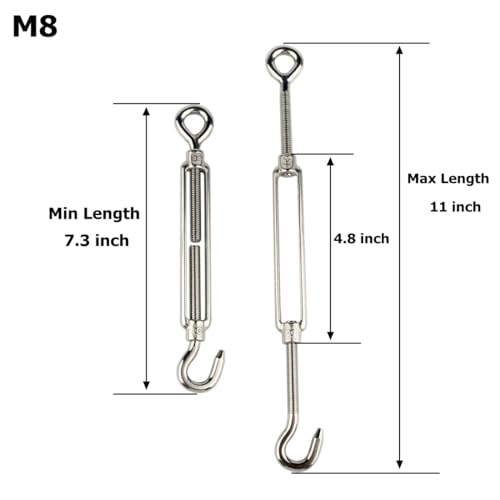 10Pcs M8 Hook & Eye Turnbuckle Heavy Duty Tensioner Adjustable Shade Sail Hardware for Tightening Up Metal Cable Wire 5/16" - style: M8 Hook & Eye