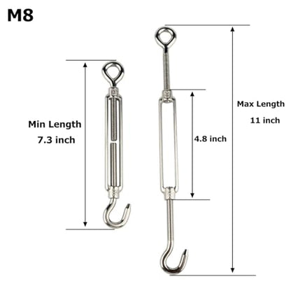 10Pcs M8 Hook & Eye Turnbuckle Heavy Duty Tensioner Adjustable Shade Sail Hardware for Tightening Up Metal Cable Wire 5/16" - style: M8 Hook & Eye
