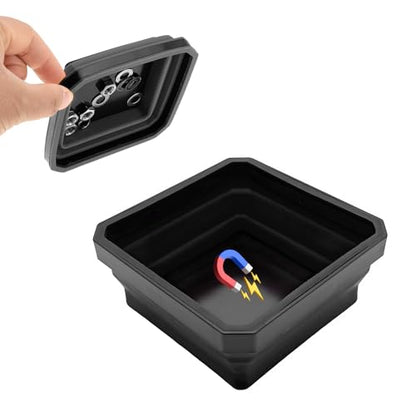 Yourkar Collapsible Magnetic Parts Tray, 4.5 Inch Foldable Magnetic Square Silicone Tray, Tool Tray Set with Double-Sided Magnetic Base for Screw Bolts Nuts Pins, Car Accessories (Black, 1 PCS) - color: Black, 1 PCS