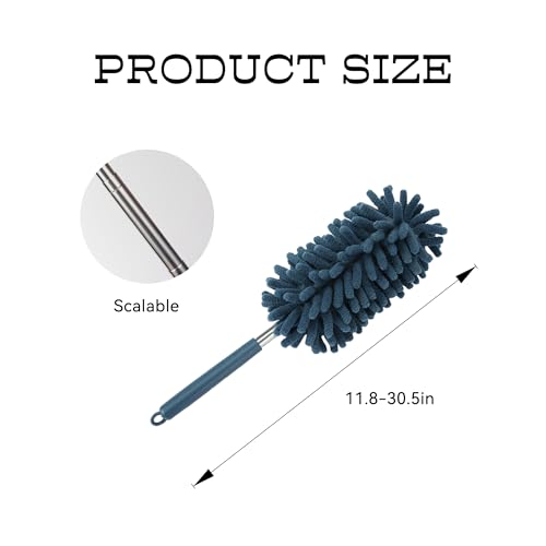 2PCS Car Interior Duster with Extension Pole, Microfiber Retractable Dusters Auto Dash Cleaning Tool, Soft Chenille Hand Washable Dusters for Vehicle Window Office Furniture (Blue) - color: Blue