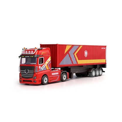 1/64 RC Container Truck Model, 2.4G 4WD Semi-Tractor Trailer with Independent Lifting Support Legs, Proportional Steering, 3-Speed Cruise Control & LED Sound System, Adult Desktop Hobbyist RTR (Red)