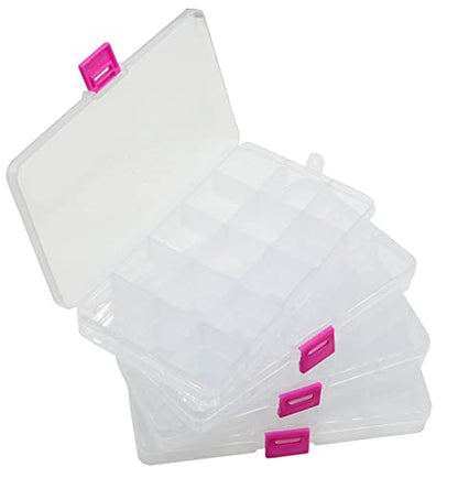 Yansanido 4 Pcs 15 Grids 6.85 Inch x 3.85 Inch Adjustable Small Removable Clear Plastic Jewelry Organizer Divider Storage Box Jewelry Earring Tool Containers (Pink Button 15 Grid) - color: Pink